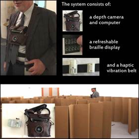 Sistema per gli utenti non vedenti che utilizza una telecamera 3D, una cintura con motori vibrazionali e un'interfaccia Braille riconfigurabile