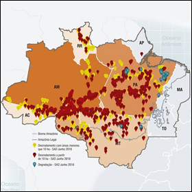 Il rapporto del giugno 2018 della SAD attesta come la deforestazione, con il conseguente degrado ambientale, dell'Amazzonia continua senza sosta